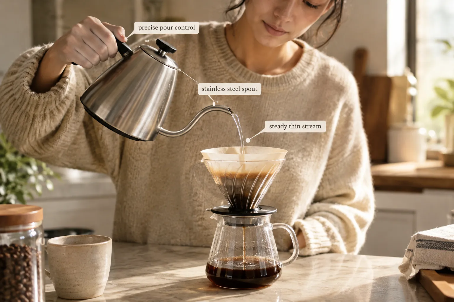 Annotated documentary photograph of a hand pouring water from a gooseneck kettle into a pour-over coffee dripper on a kitchen counter, with small callout labels pointing to 'steady thin stream', 'precise pour control', 'stainless steel spout', warm natural lighting, shallow depth of field, magazine-style composition. Where To Buy Saki Luna Gooseneck