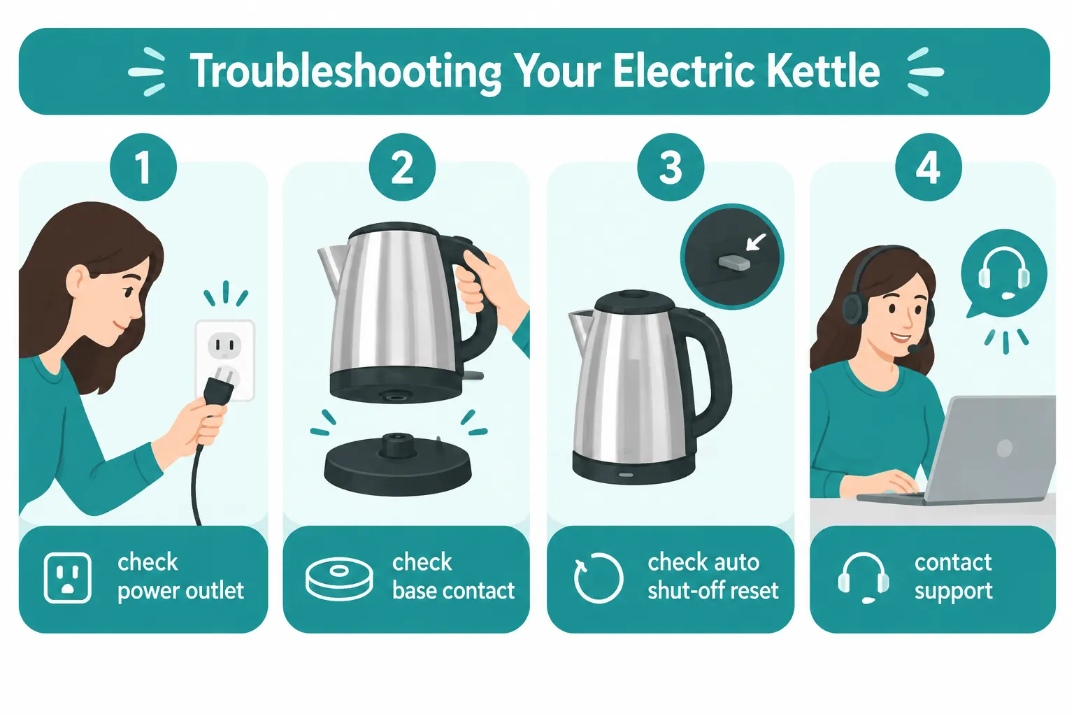 Numbered step by step flow diagram showing four stages of troubleshooting an electric kettle, each step with a small icon and short caption: 'check power outlet', 'check base contact', 'check auto shut-off reset', 'contact support', bright flat vector illustration style, teal and white palette, clean editorial infographic. Can You Use Saki Luna Gooseneck For Tea