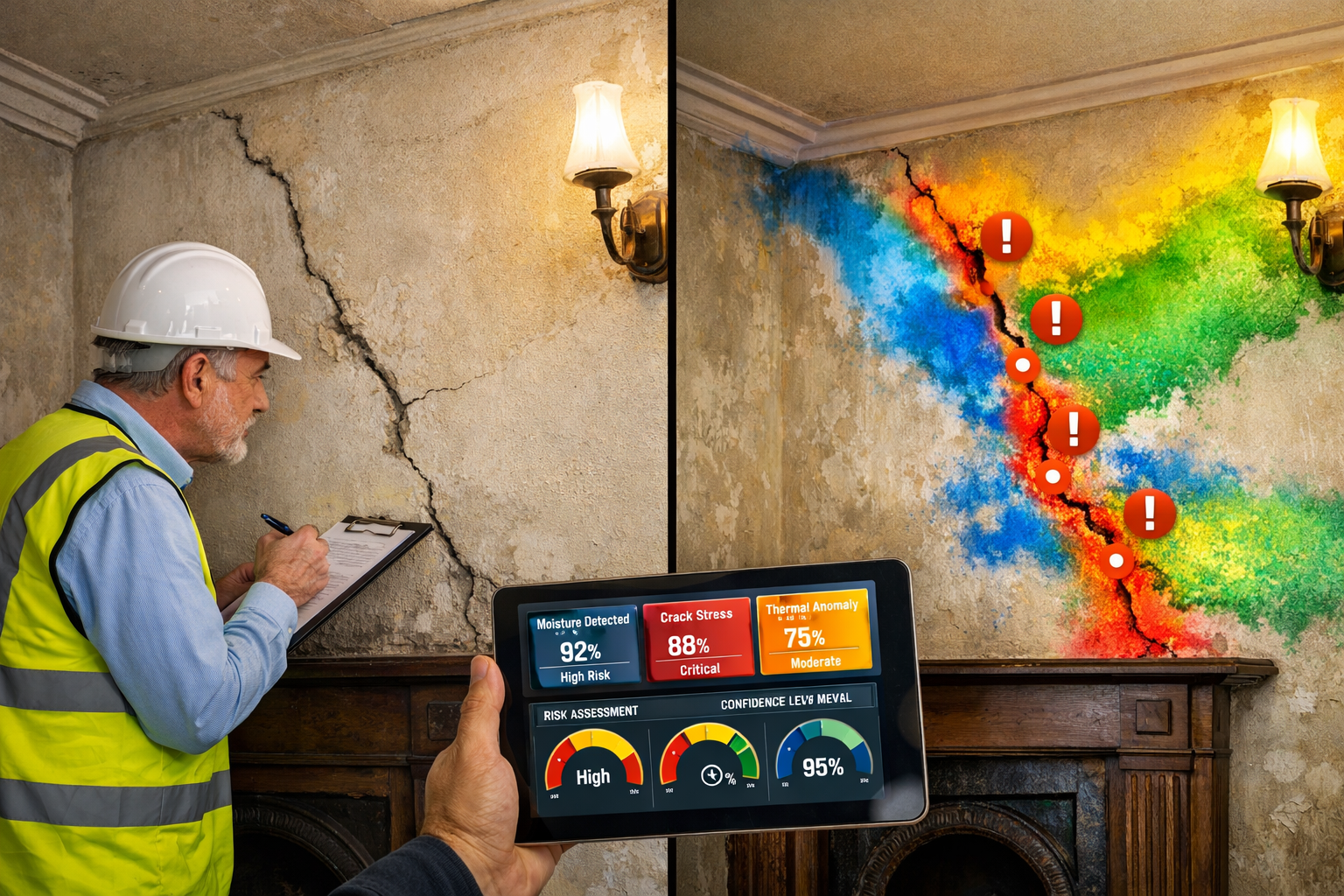 () split-screen composition showing AI defect detection in action. Left half displays traditional surveyor with clipboard