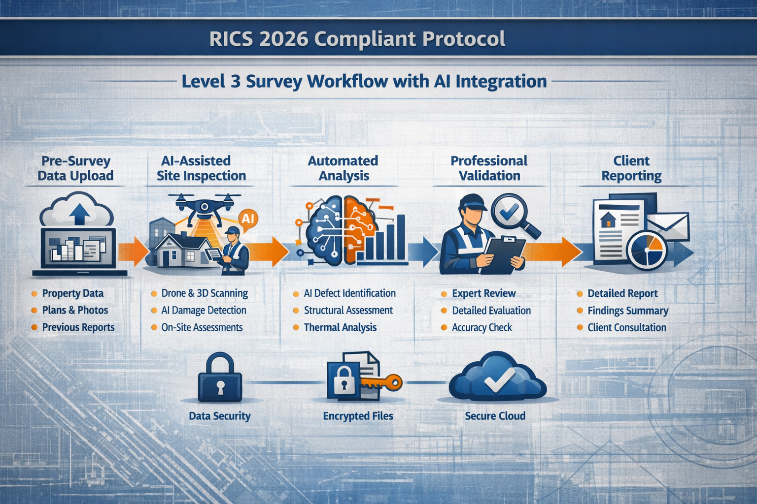 () detailed workflow diagram illustrating Level 3 survey process with AI integration. Central timeline arrow flows left to