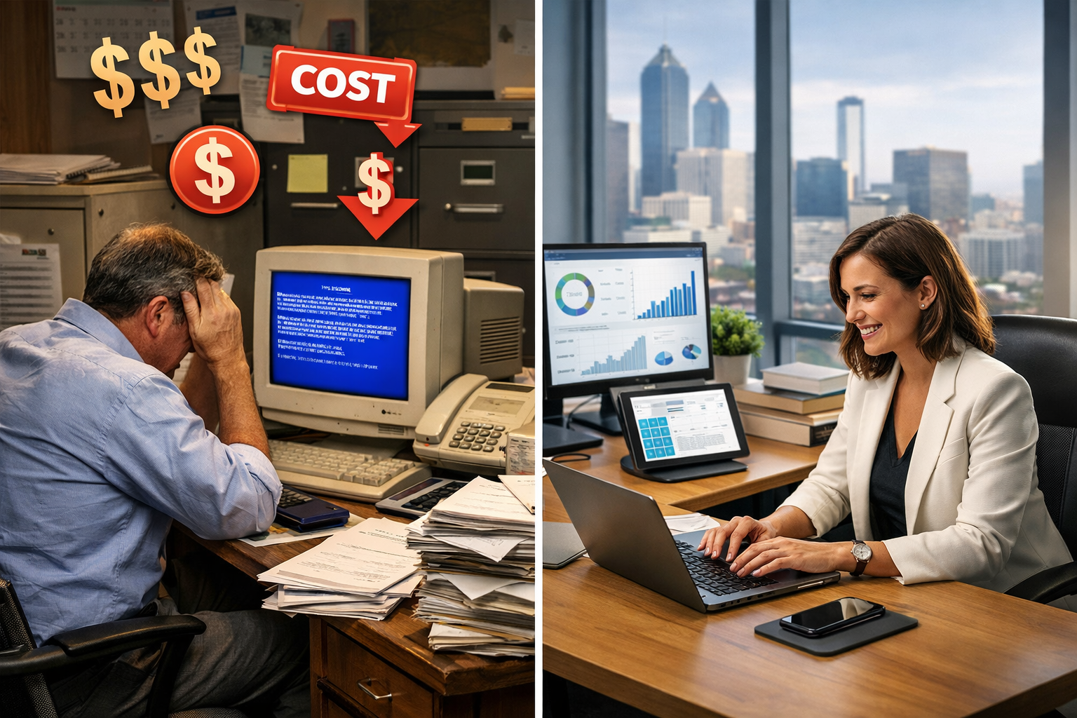 Landscape format (1536x1024) image showing split-screen comparison of two Atlanta business offices - left side shows frustrated business own