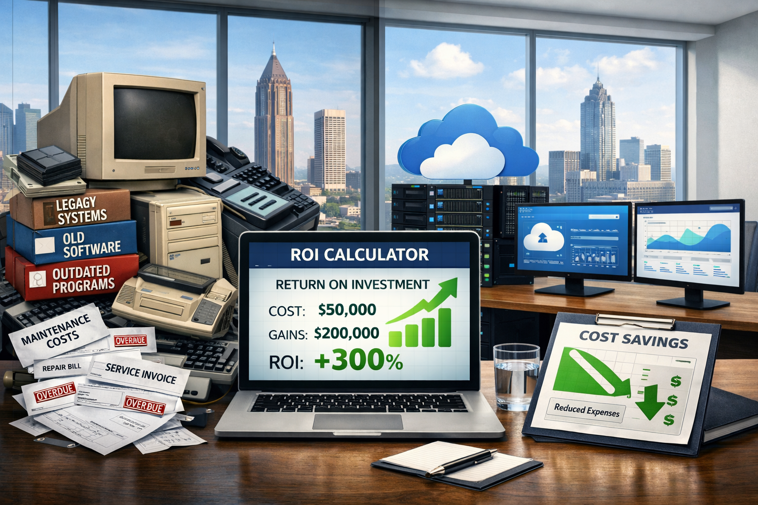 Landscape format (1536x1024) image depicting technology upgrade transformation for Atlanta business. Left side shows pile of outdated hardwa