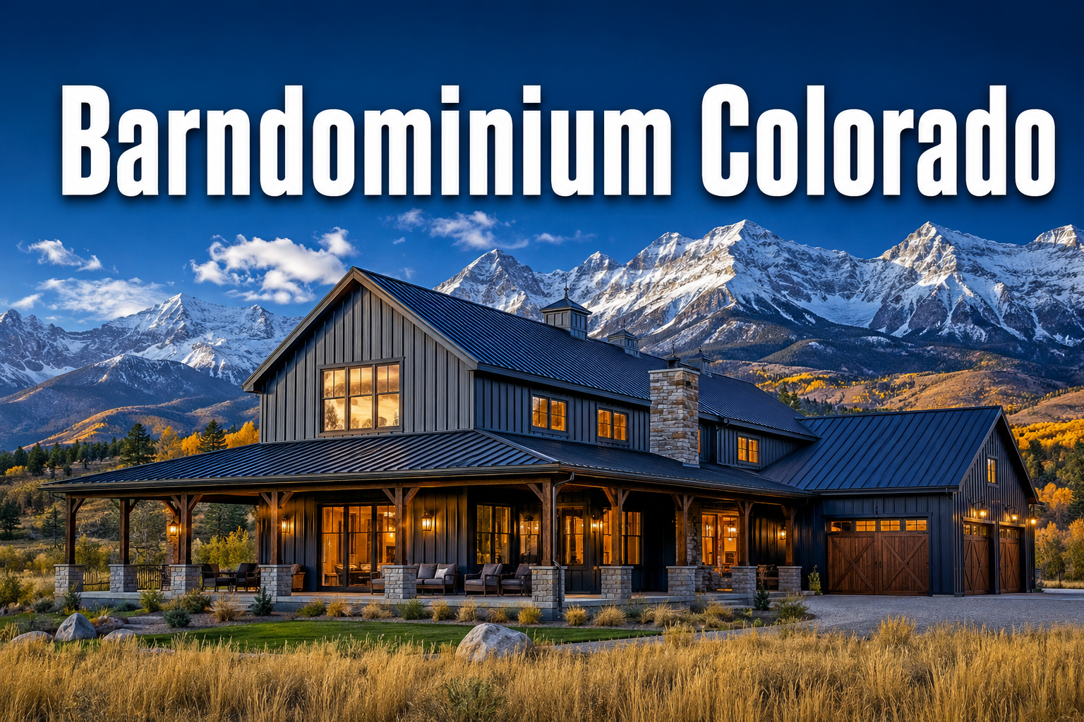 Professional () hero image with : 'Barndominium Colorado' in extra large white with dark drop , centered in upper third.