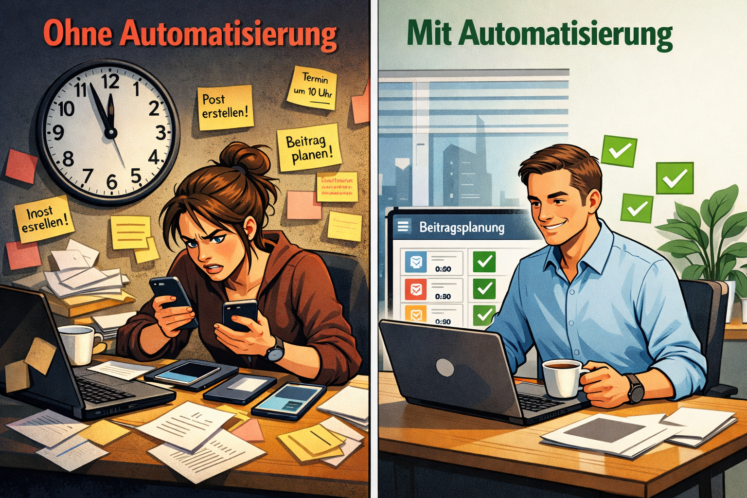 () split-screen comparison image: left side shows a stressed social media manager manually typing posts on multiple devices,