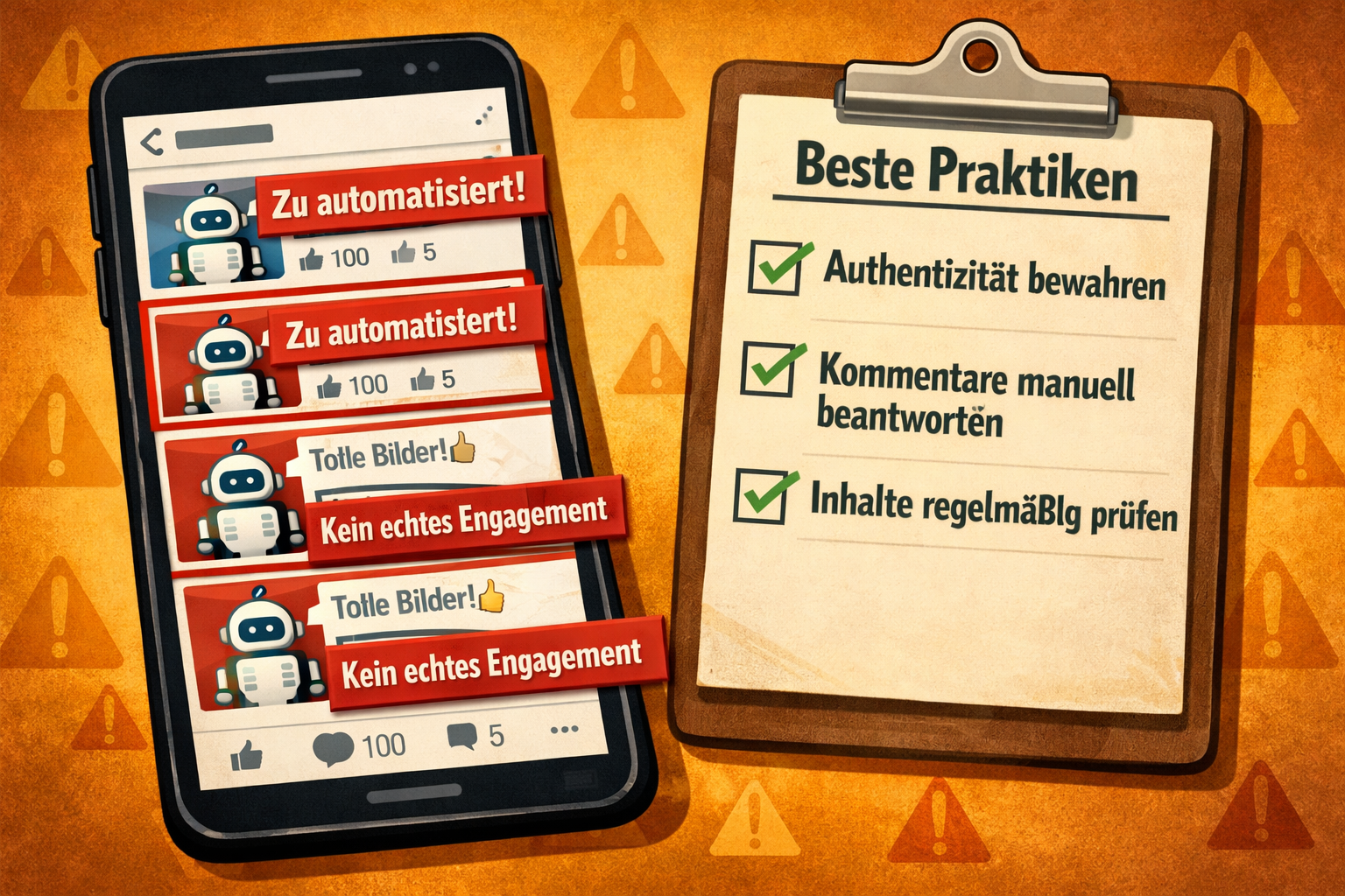 () warning sign concept image showing a social media feed on a smartphone screen with robotic, repetitive posts highlighted