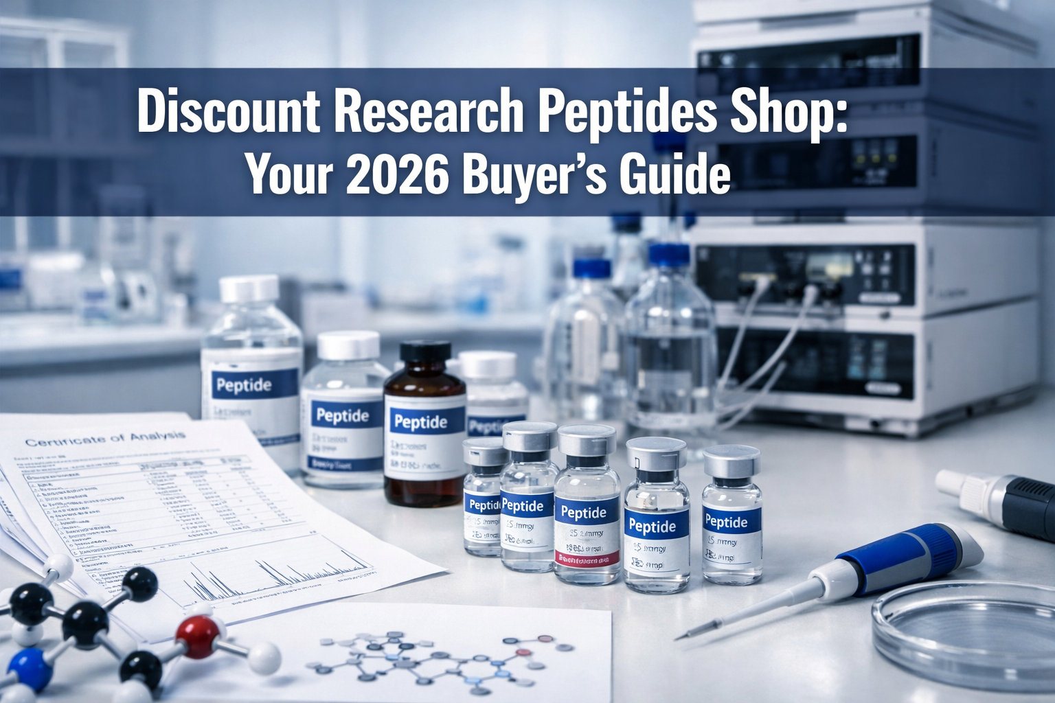 Professional landscape format (1536x1024) hero image featuring bold text overlay 'Discount Research Peptides Shop: Your 2026 Buyer's Guide' 