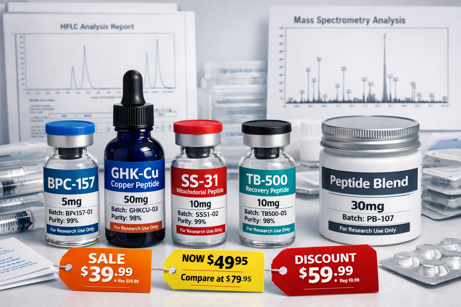Landscape format (1536x1024) image displaying top-rated research peptides arranged on laboratory counter including BPC-157 vial, GHK-Cu copp
