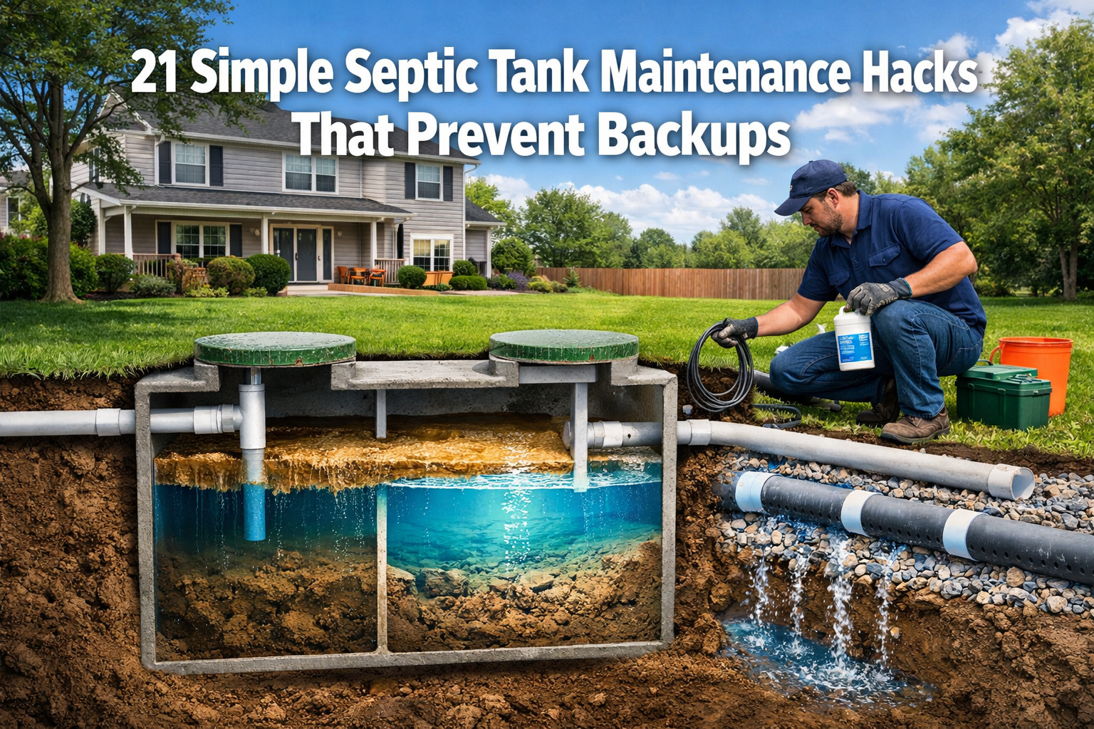 Professional () hero image featuring '21 Simple Septic Tank Maintenance Hacks That Prevent Backups' in extra large white