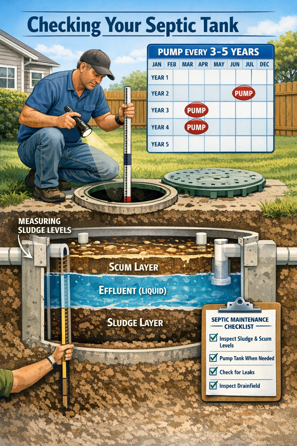 () detailed infographic showing homeowner checking septic tank access port with flashlight, measuring sludge levels with