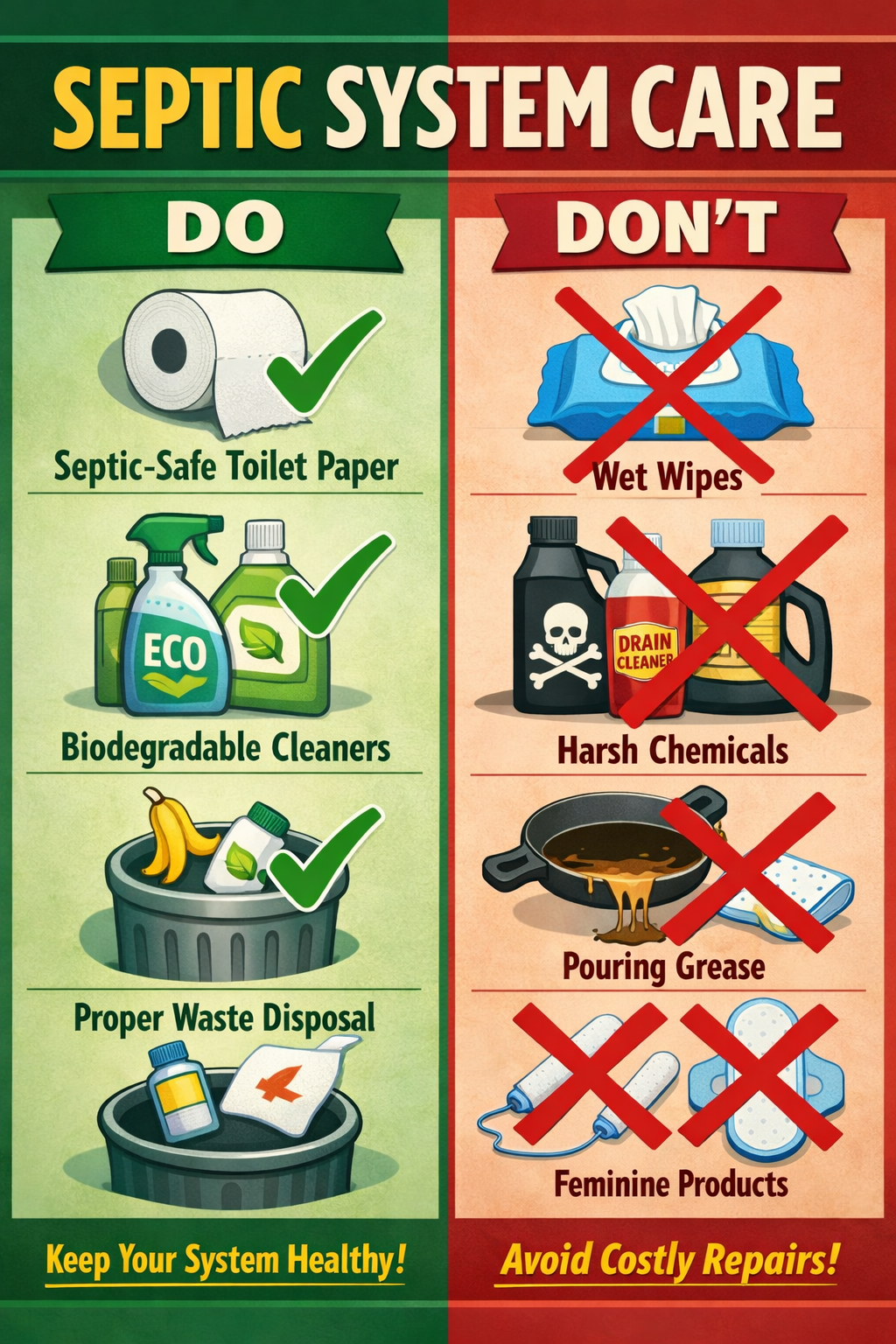 () split-screen comparison showing 'DO' and 'DON'T' items for septic systems, left side displaying septic-safe toilet paper,