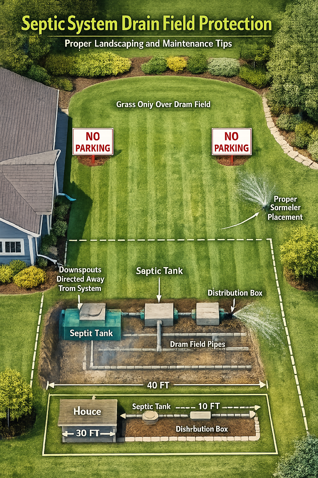 () aerial view of residential property showing proper drain field protection, areas marked with 'NO PARKING' signs,
