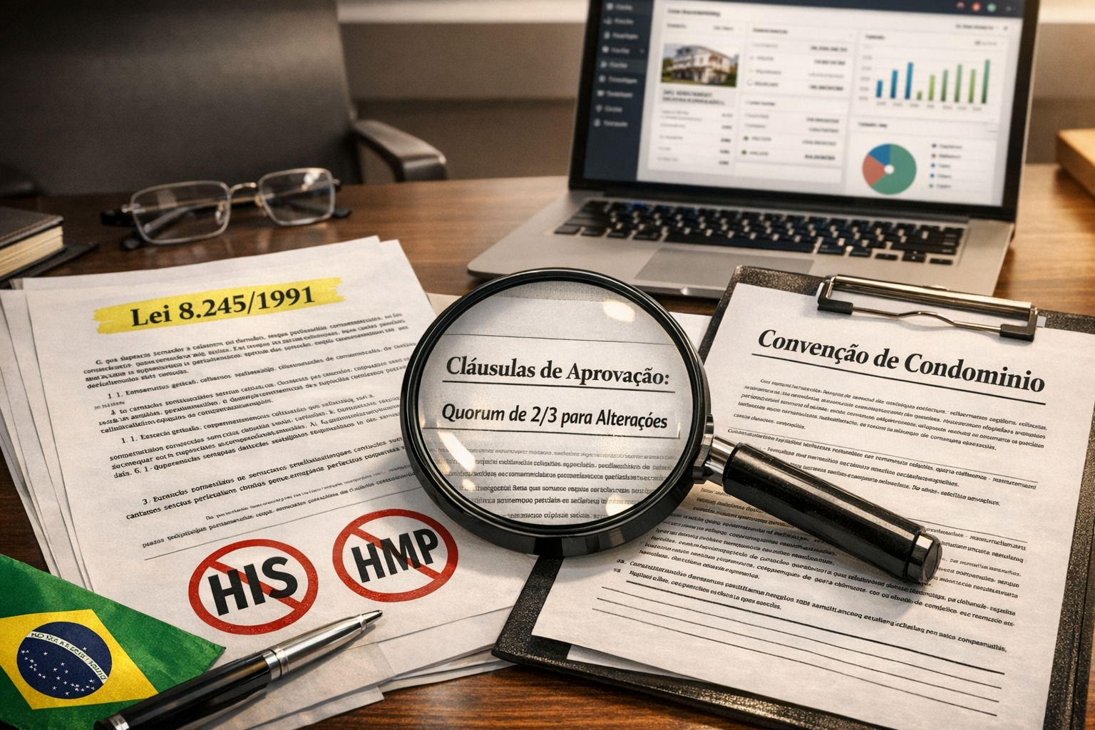 Detailed () image showing close-up of Brazilian legal documents and condominium convention papers spread on modern desk,