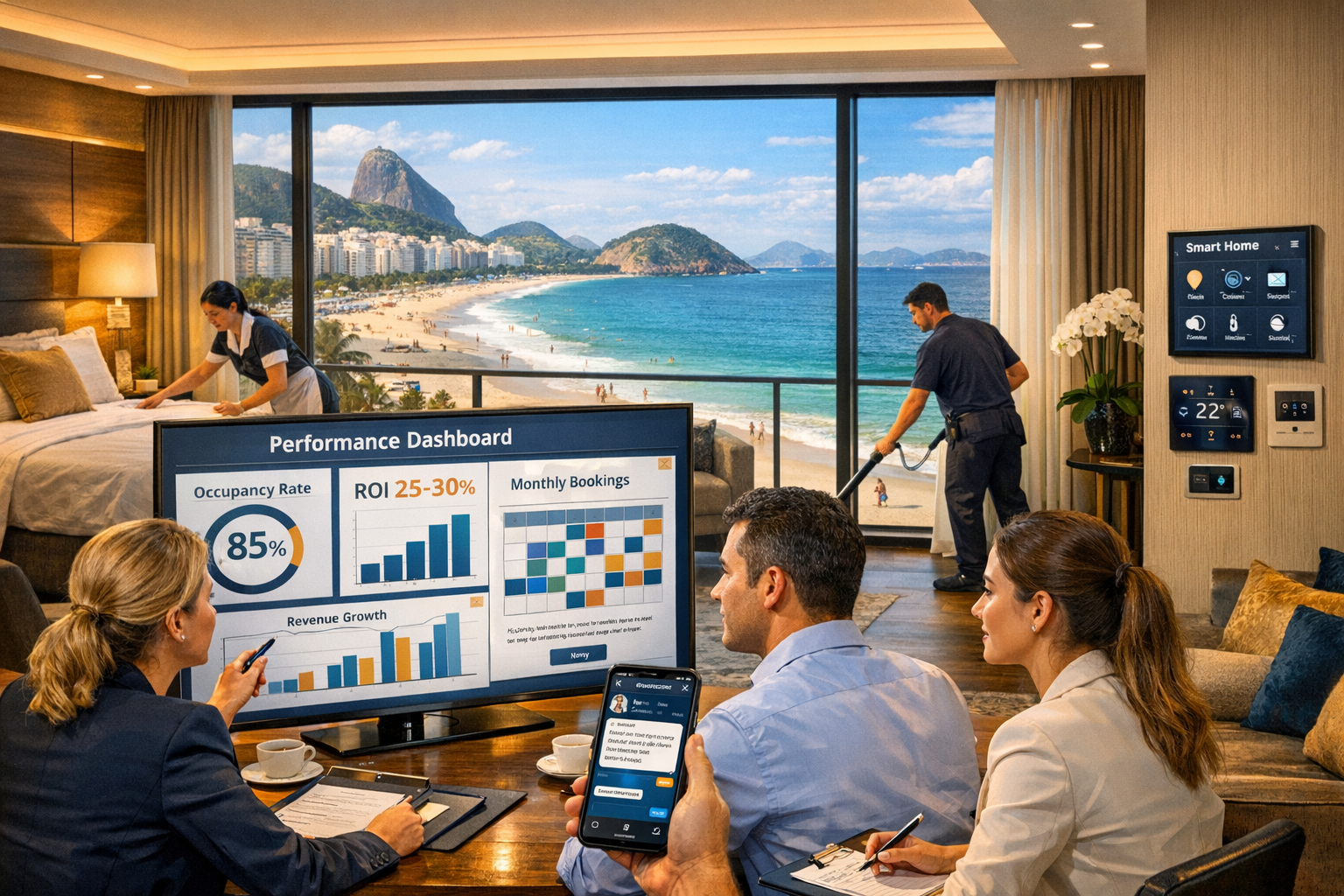 Detailed () image showing luxury Airbnb apartment interior in Copacabana with floor-to-ceiling windows overlooking beach,