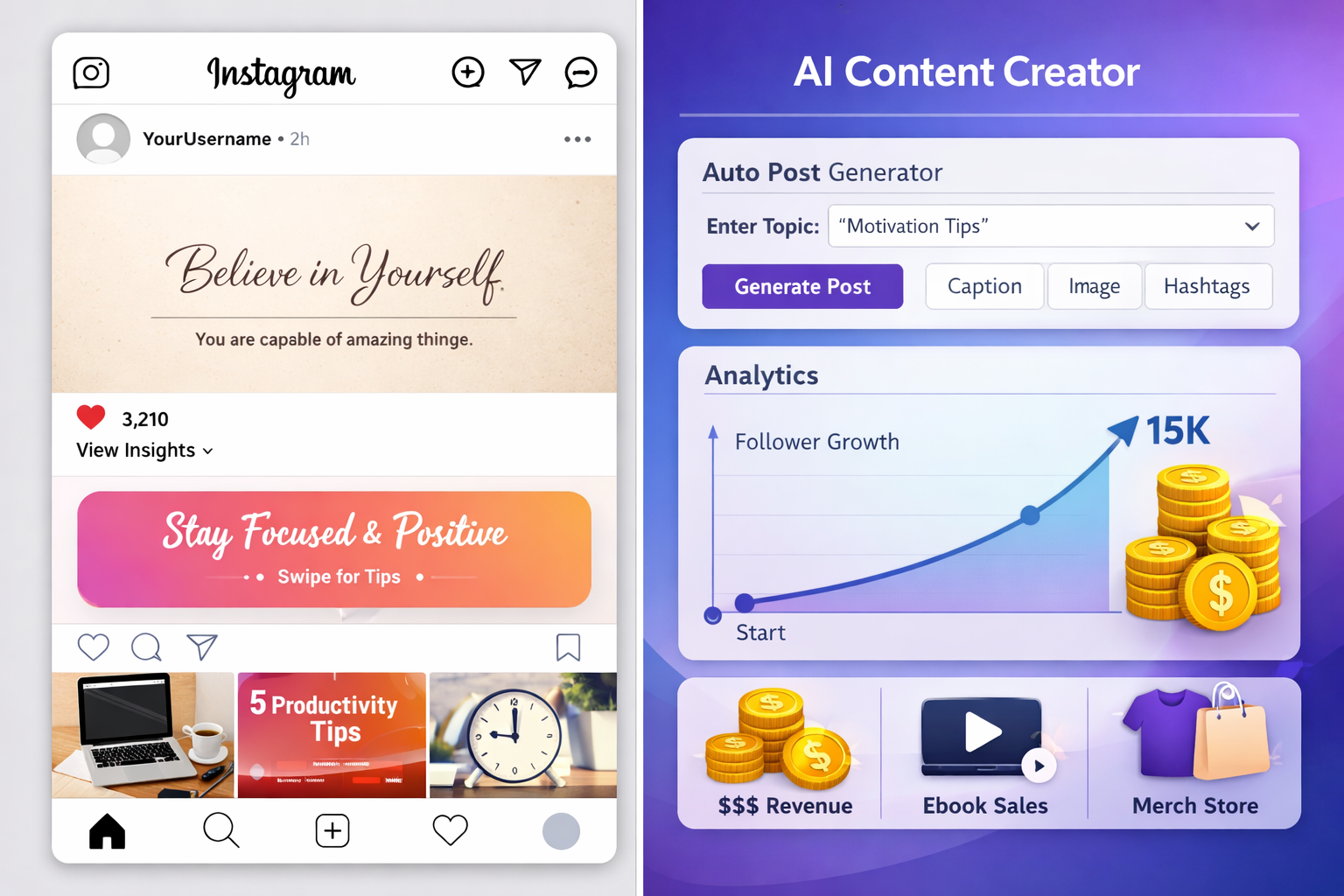 () image showing split-screen composition: left side displays Instagram feed with faceless quote posts and carousel content,
