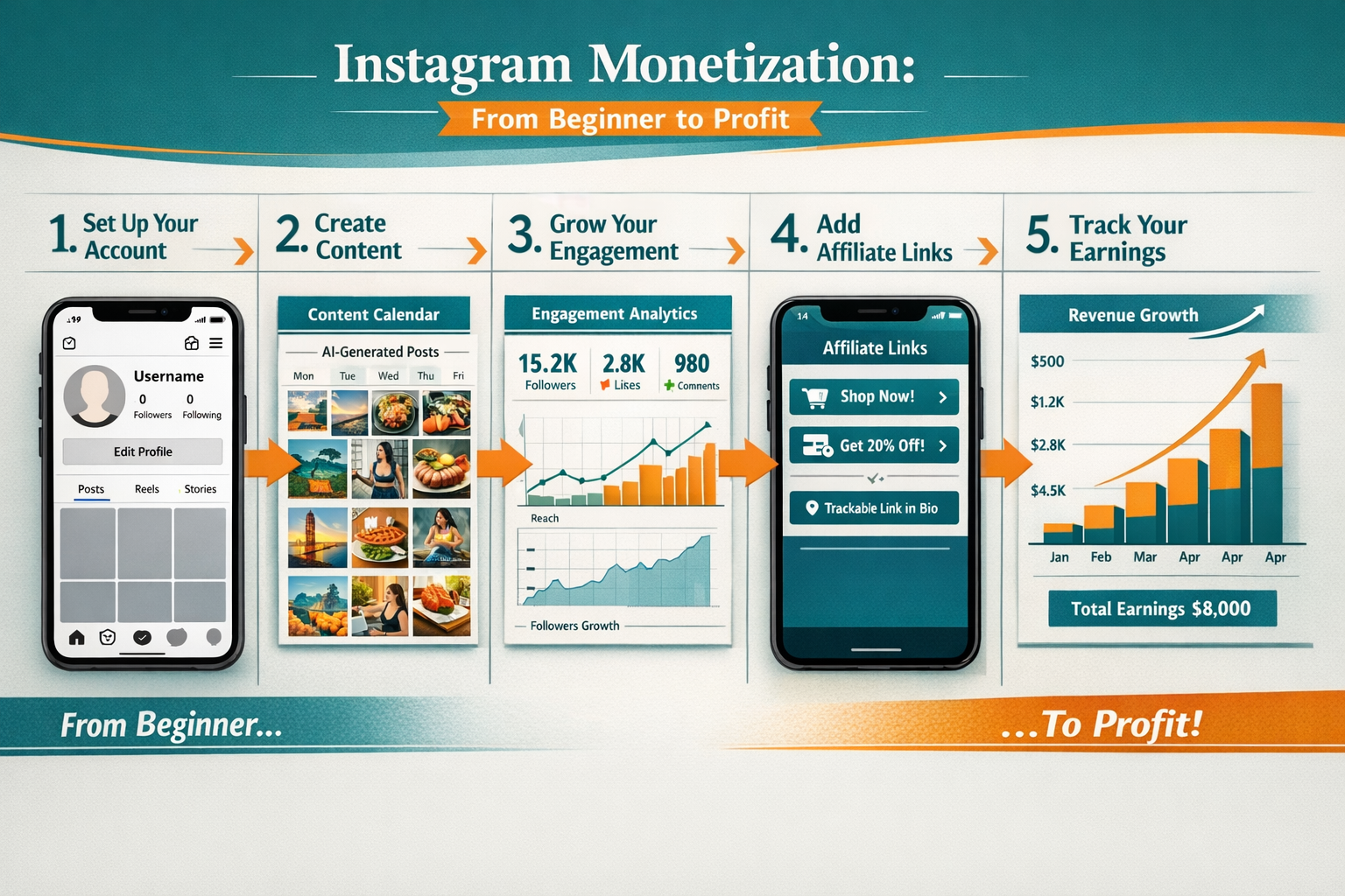 () detailed infographic showing step-by-step Instagram monetization process: smartphone mockup displaying faceless account