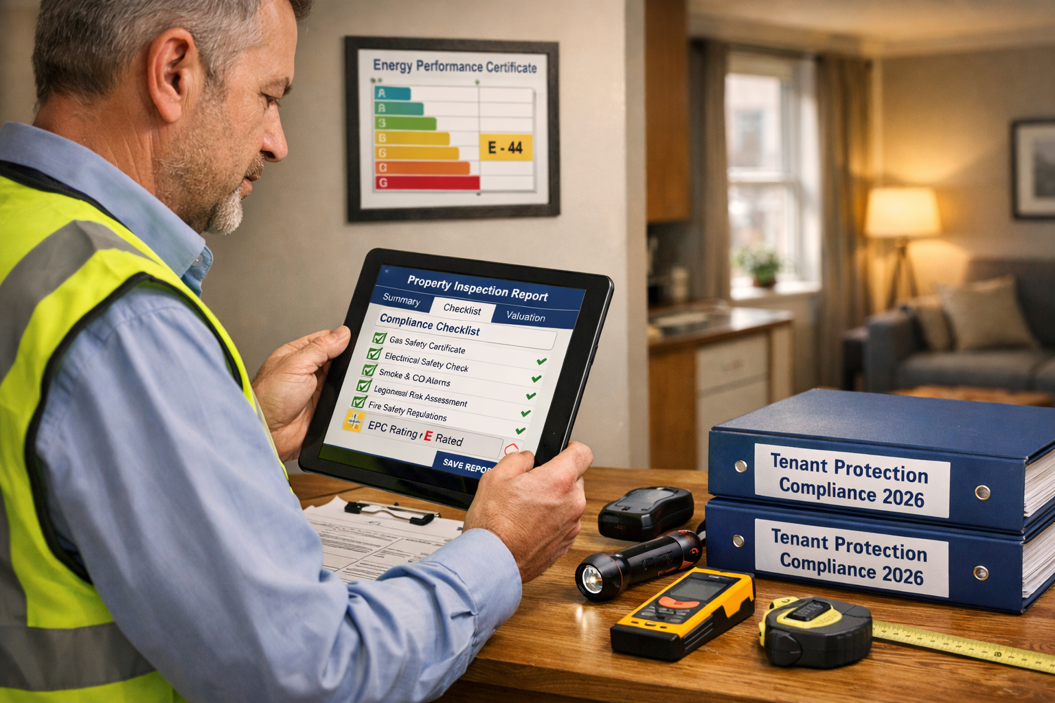 Detailed () image depicting professional surveyor conducting rental property inspection with modern tablet showing digital