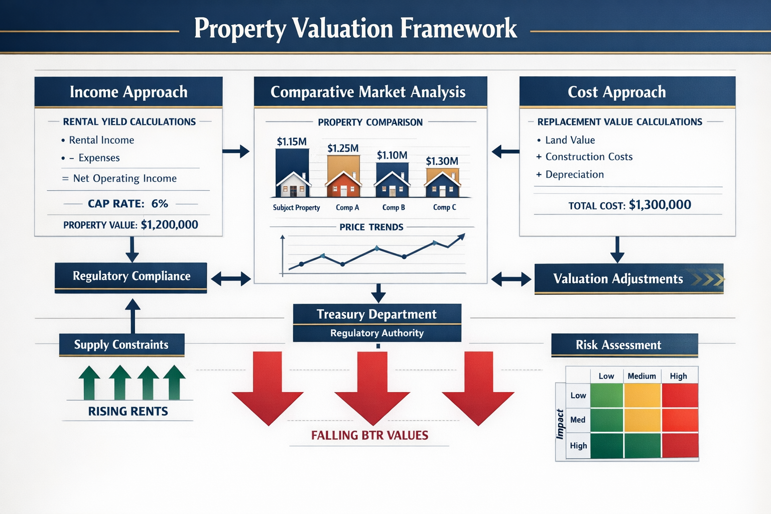 Detailed () image showing comprehensive property valuation framework diagram with three distinct methodologies: income