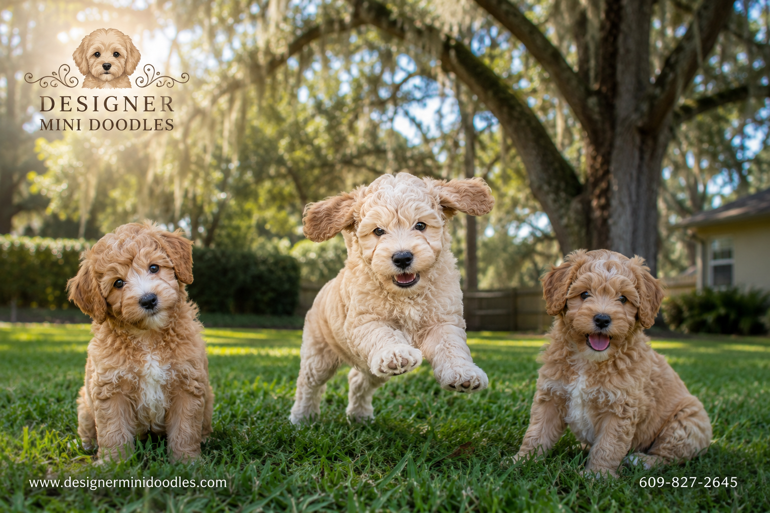 () editorial image showing three small apricot and cream micro goldendoodle puppies playing on a Florida lawn with a