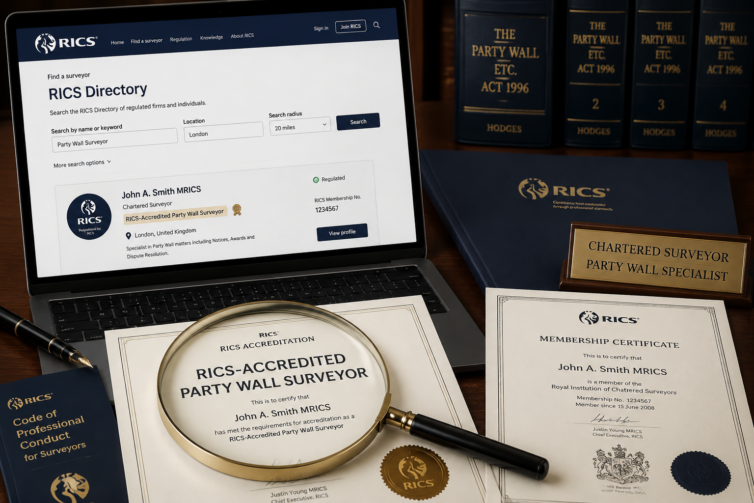 () editorial illustration showing a formal RICS directory search interface on a laptop screen alongside printed party wall