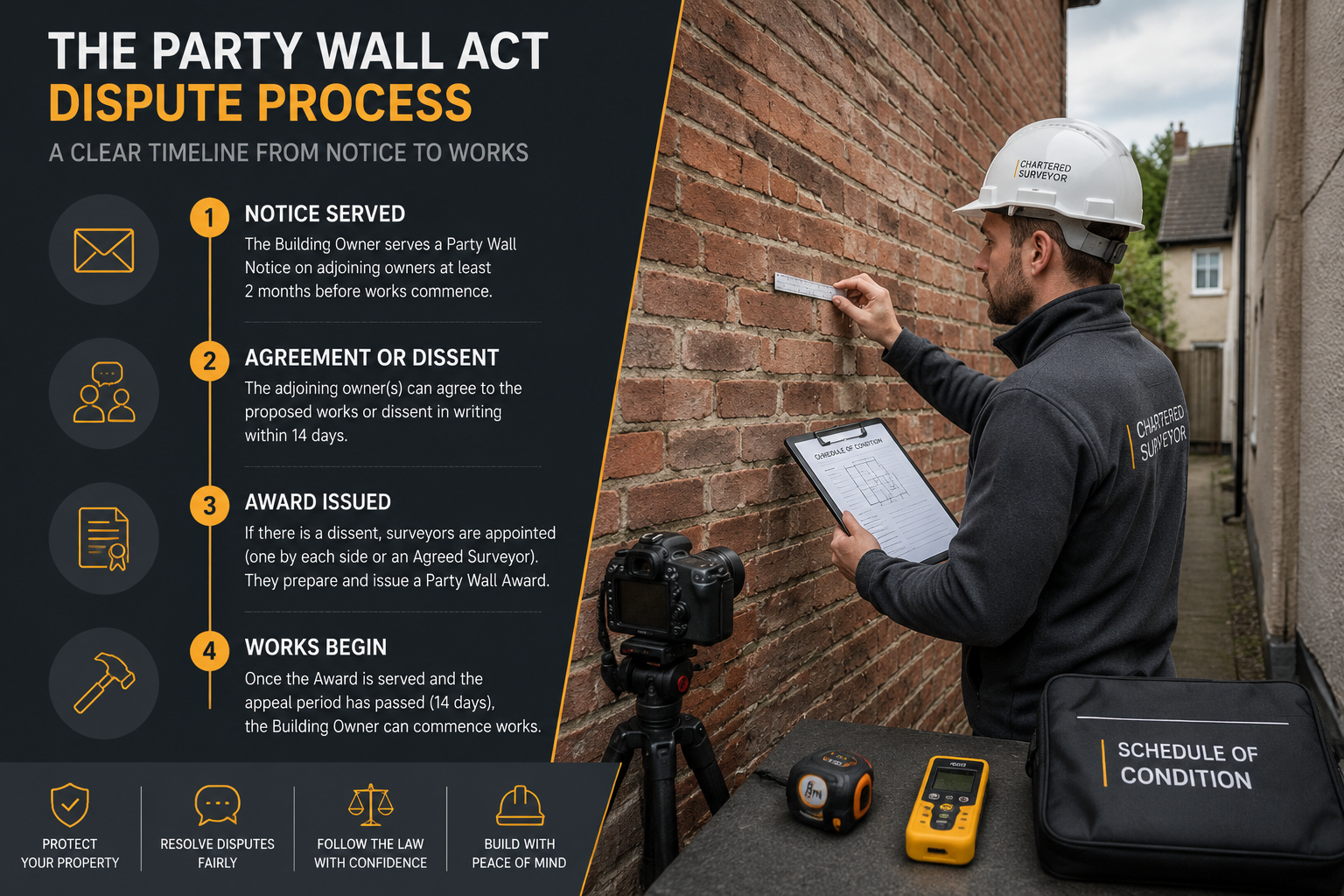() split-scene infographic image: left side shows a timeline of the Party Wall Act dispute process with labeled stages