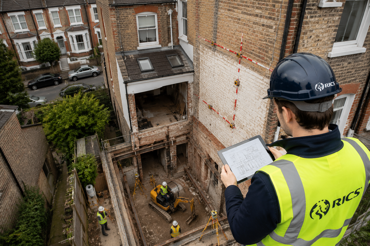 () close-up aerial view of a London residential street undergoing basement extension construction adjacent to a party wall,