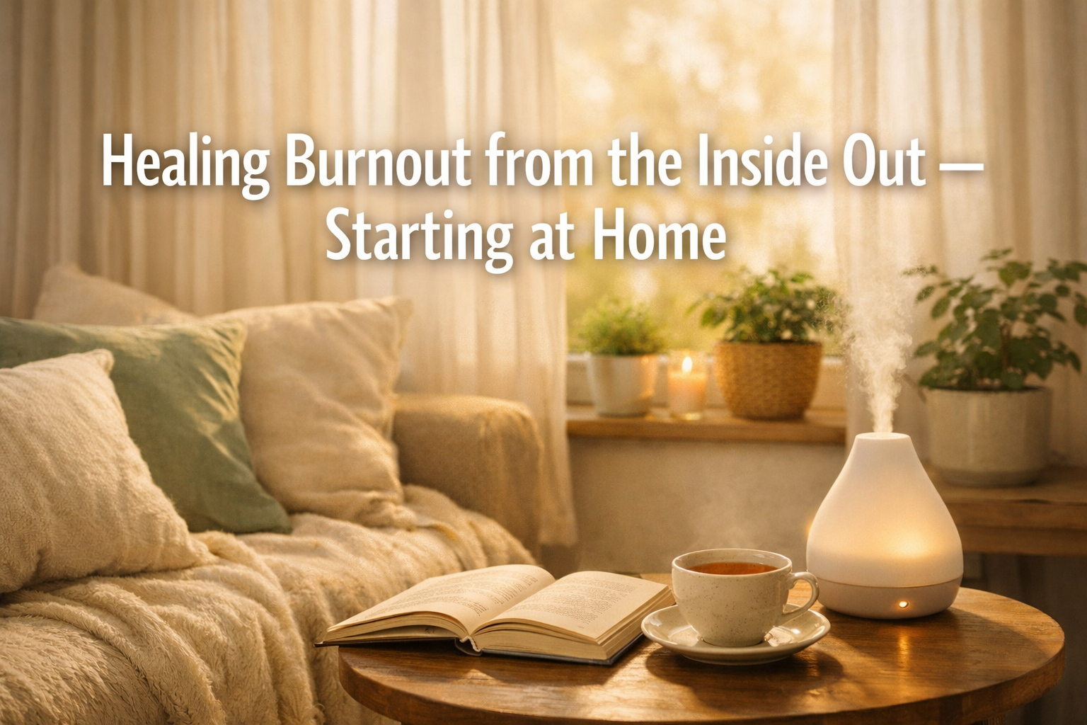 Professional landscape format (1536x1024) hero image featuring bold text overlay 'Healing Burnout from the Inside Out — Starting at Home' in