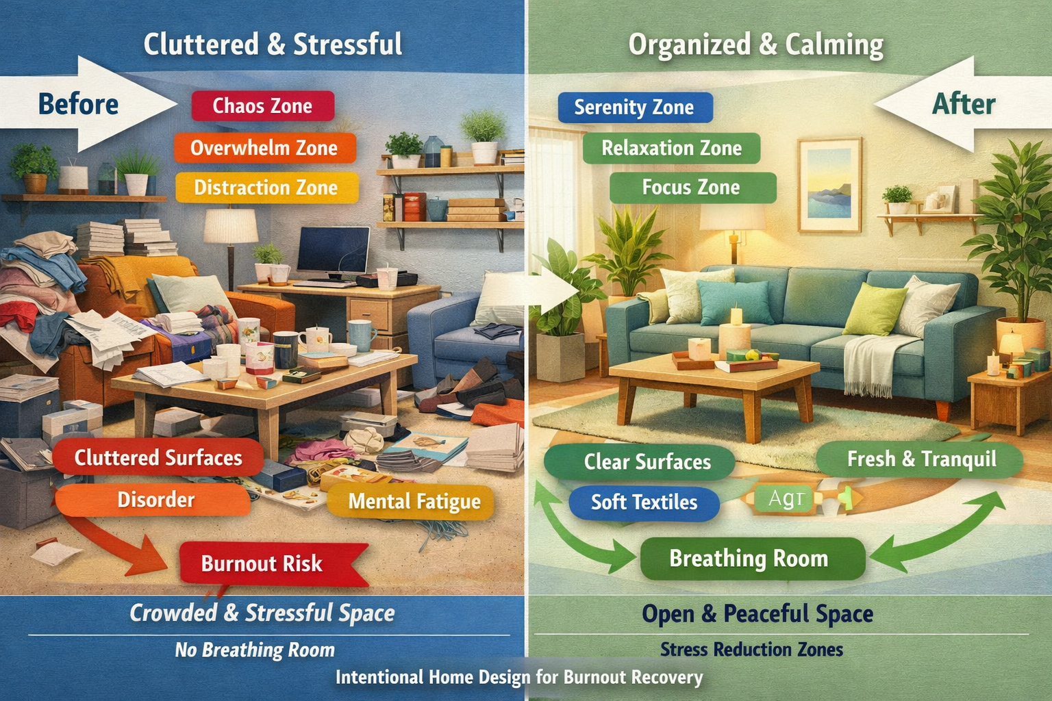 Landscape format (1536x1024) image showing calming home environment transformation, split-screen comparison of cluttered stressful space on 