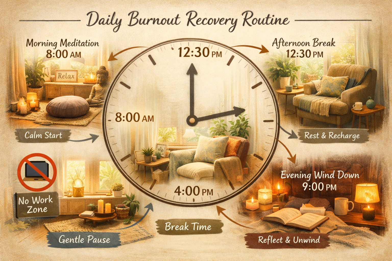 Landscape format (1536x1024) detailed illustration of daily burnout recovery routine at home, clock face showing optimal timing for rest act