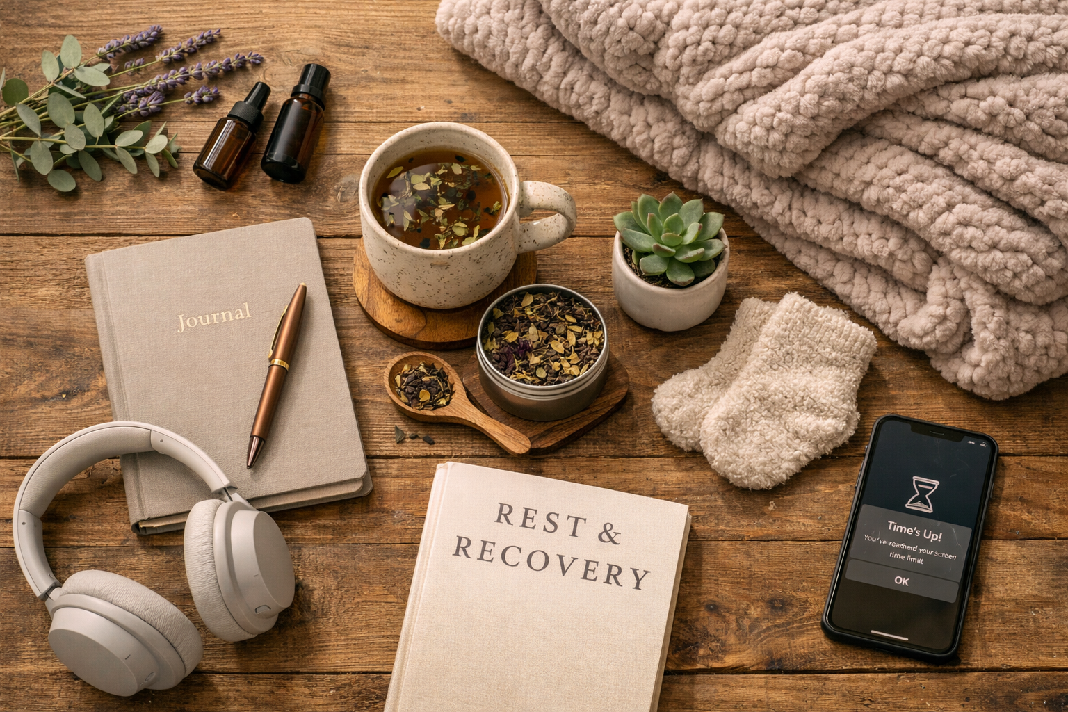 Landscape format (1536x1024) overhead flat-lay composition of burnout recovery toolkit arranged on natural wood surface, items include essen