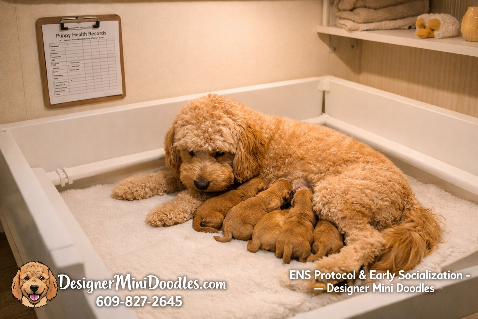 () warm photograph of a professional whelping room showing a mother mini goldendoodle nursing a litter of tiny golden