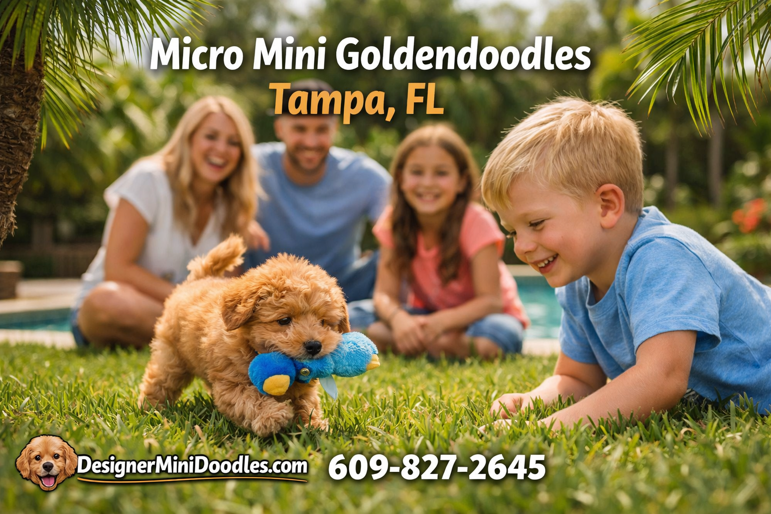 () vibrant photograph of a happy family with two children playing with a small apricot micro mini goldendoodle puppy in a