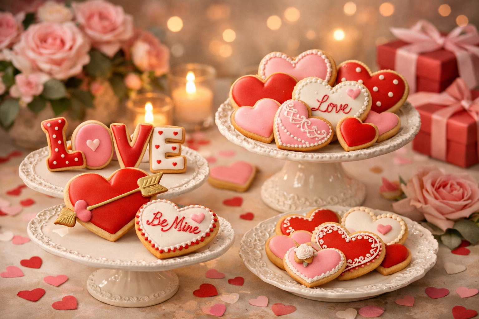Elegant landscape image (1536x1024) showcasing beautifully decorated Valentine's sugar cookies arranged on vintage white cake stands and pla