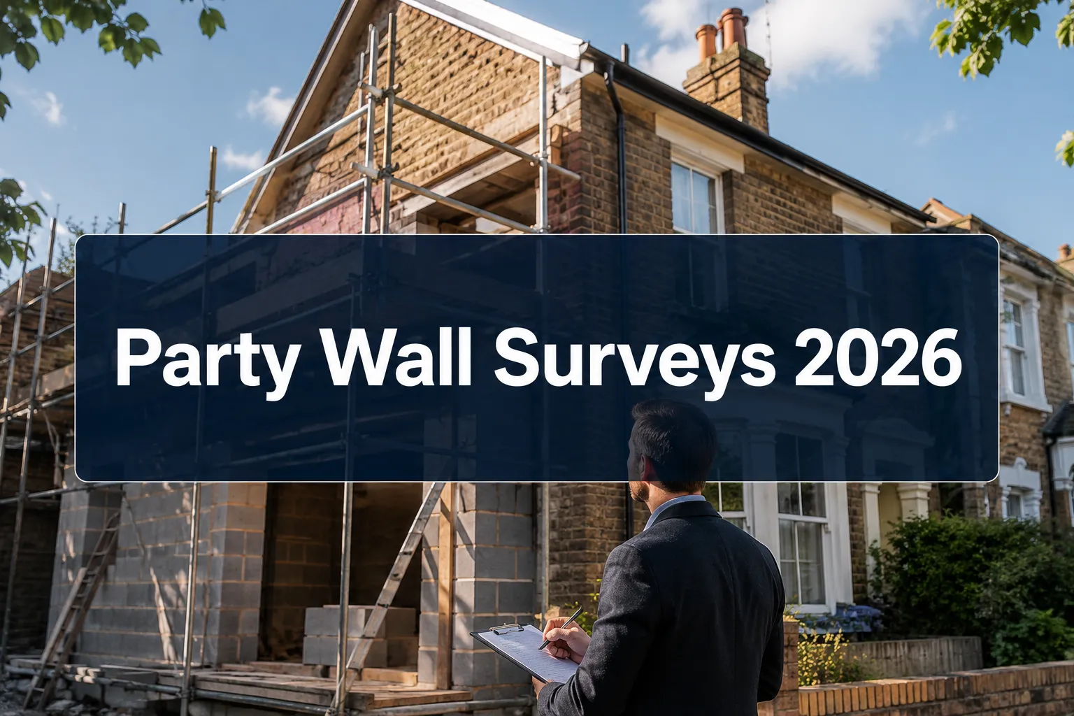 Professional () hero image with (≤42 chars): 'Party Wall Surveys 2026' in crisp white on a deep navy semi-transparent panel,