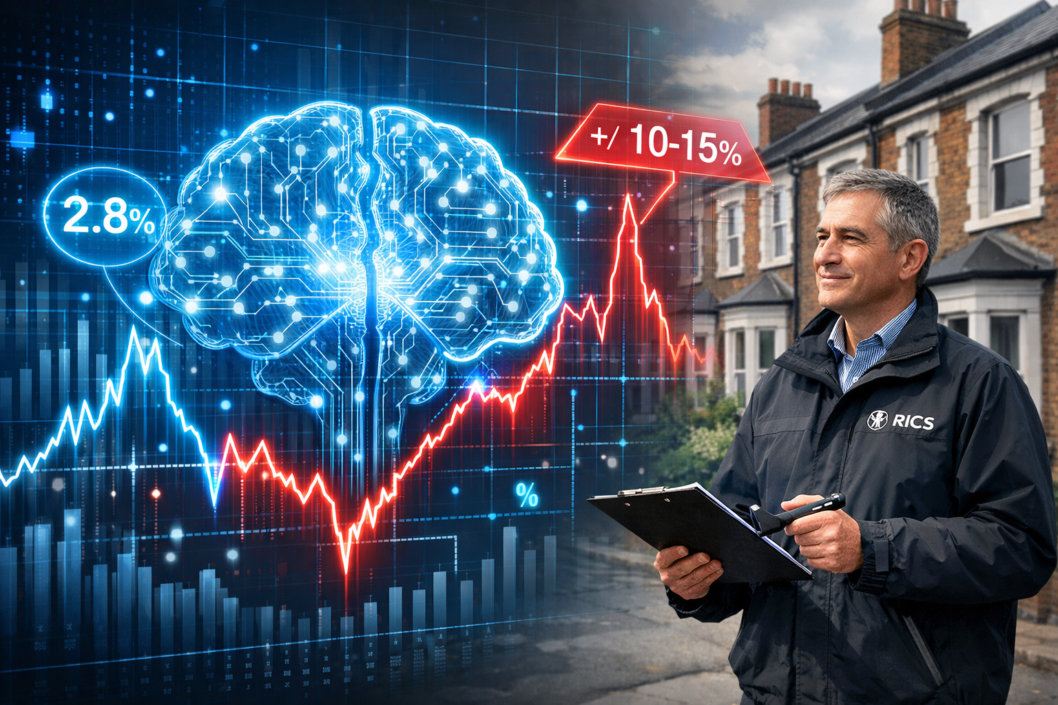 Wide-angle editorial illustration showing a glowing AI brain overlaid on a property price graph with sharp upward and