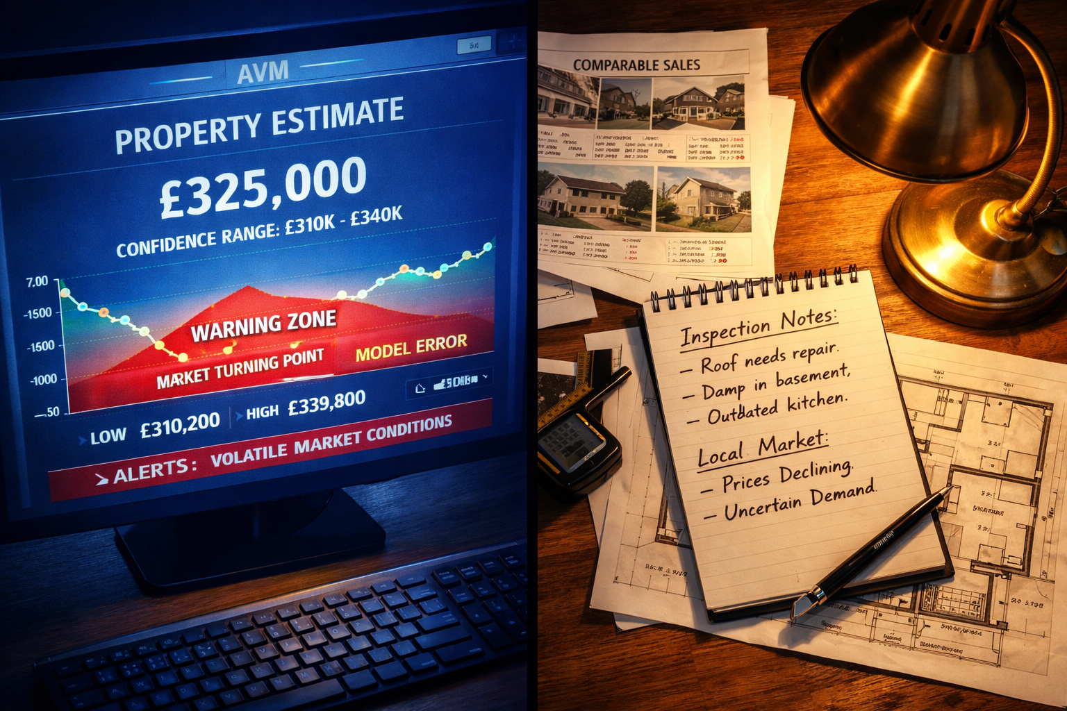 Dramatic bird's-eye split composition: left panel shows a glowing computer screen with an automated valuation model AVM