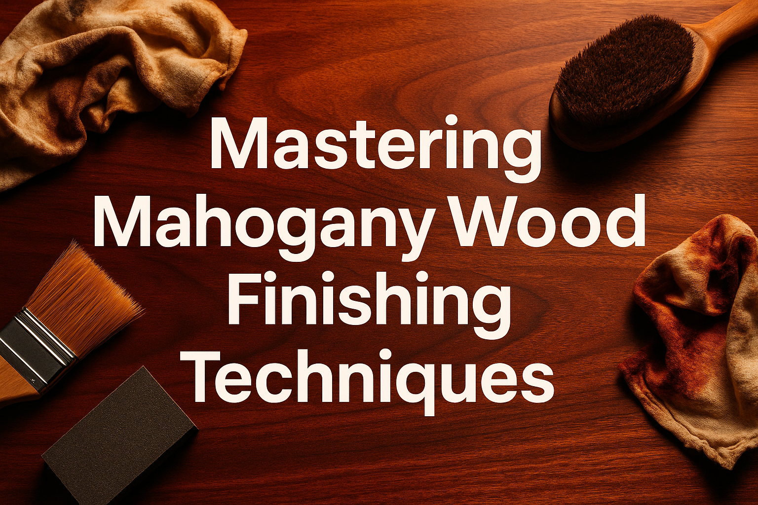 Professional landscape hero image (1536x1024) with bold text overlay: 'Mastering Mahogany Wood Finishing Techniques', modern sans-serif 70pt