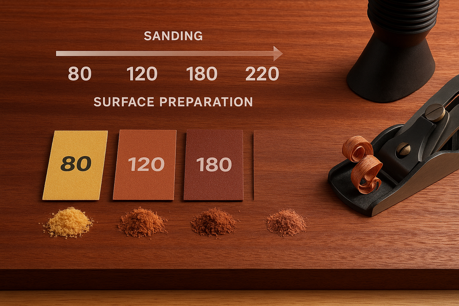 A close-up, high-definition landscape image (1536x1024) showcasing the detailed steps of surface preparation for mahogany wood, including sa