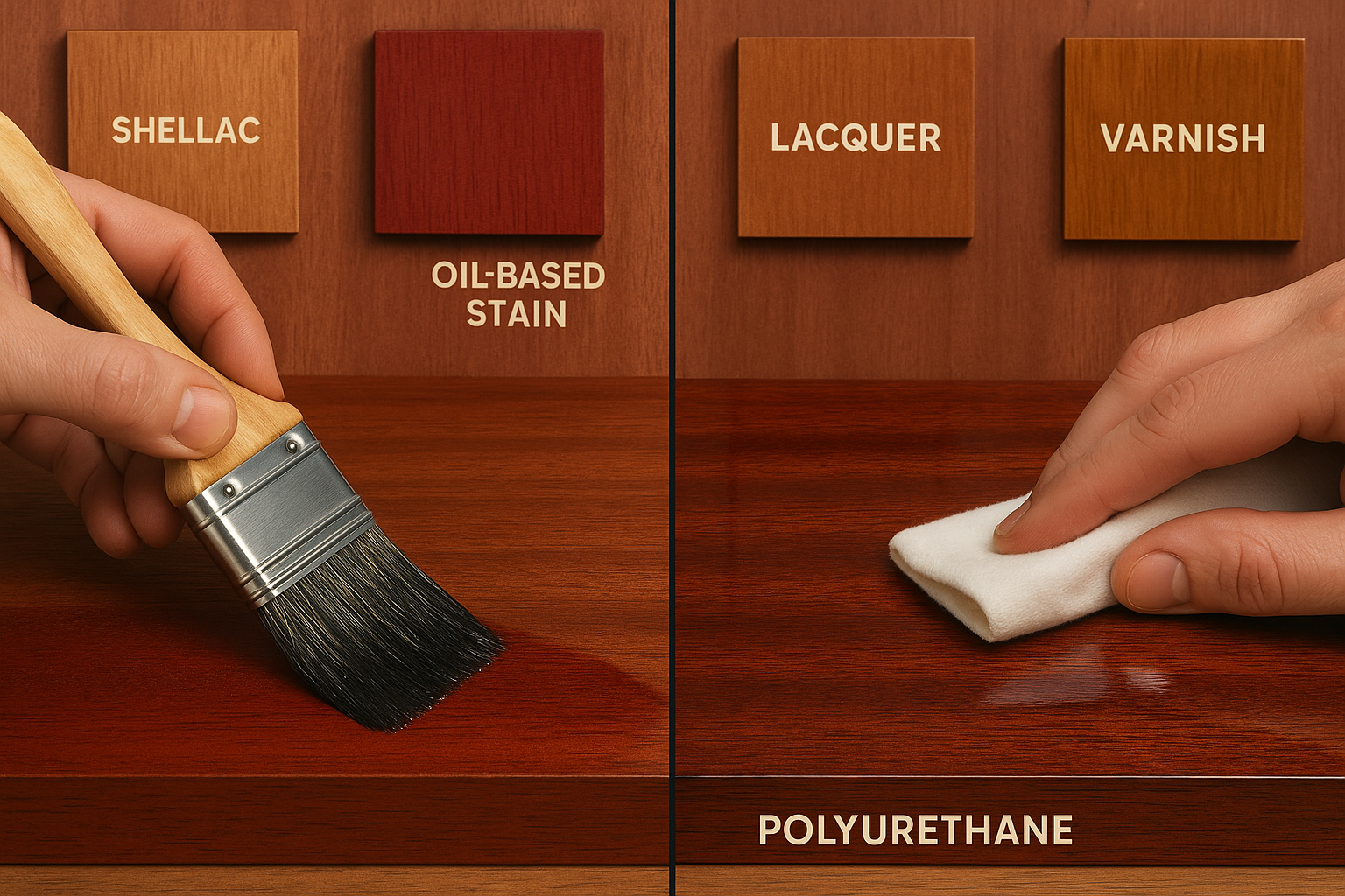 A split landscape image (1536x1024) demonstrating different finishing applications on mahogany wood. One side shows a craftsperson applying