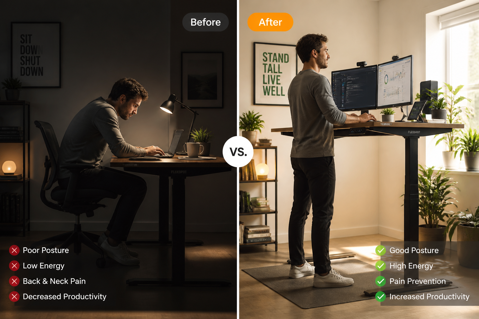 Digital illustration, graphic design style, Detailed landscape format (1536x1024) split-scene lifestyle photograph showing left side: person sitting at Flexispot E7 Pro Standing Desk with poor posture, hunched shoulders, dim lighting representing sedentary work problems. Right side: same person standing confidently at the same desk adjusted to standing height, good posture, bright energetic lighting, multiple monitors, ergonomic setup. Bold dividing line down center with small text labels 'Before' and 'After'. Warm editorial photography style, realistic office environment, motivational health and wellness visual theme. 