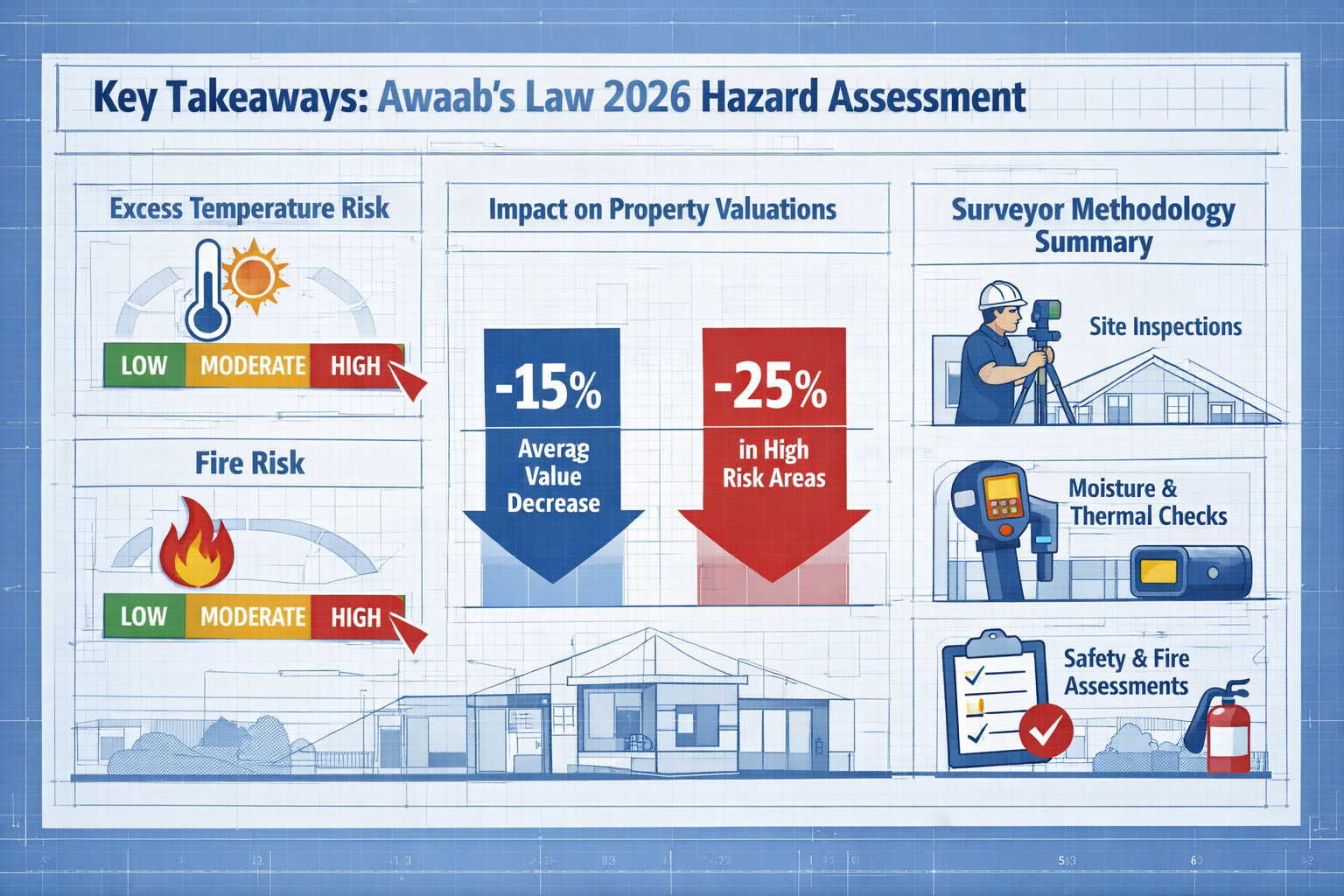Key Takeaways section infographic for Awaab's Law 2026 Hazard Assessment, featuring a professional dashboard-style
