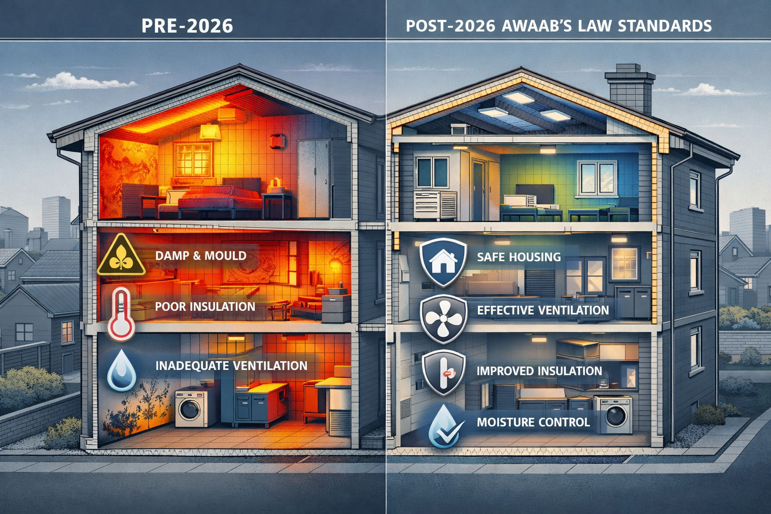 Technical illustration depicting the 2026 Awaab's Law expansion landscape, featuring a split-screen architectural