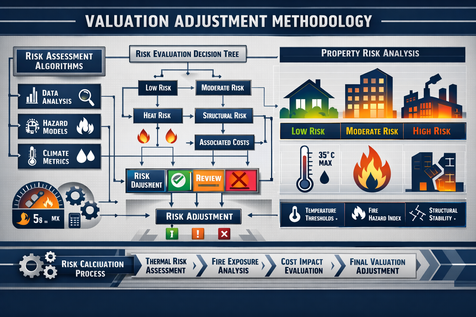 Surveyor methodology visualization for valuation adjustments, featuring a complex data flow diagram showing risk assessment