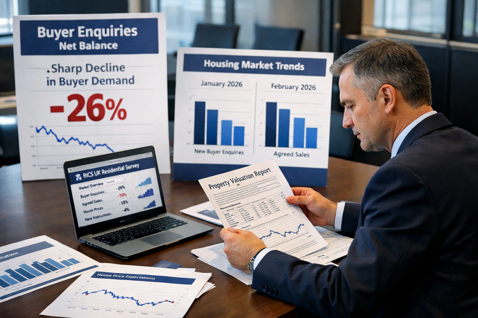 Wide-angle editorial photograph of a professional RICS surveyor in a dark suit examining a detailed property valuation