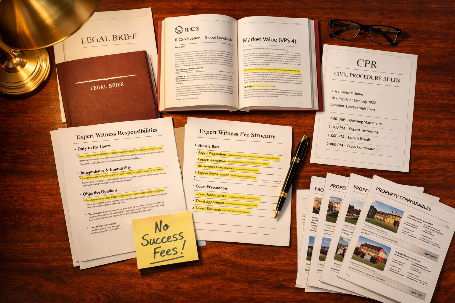 Overhead flat-lay composition showing an expert witness preparation desk: formal legal briefs, RICS Red Book valuation