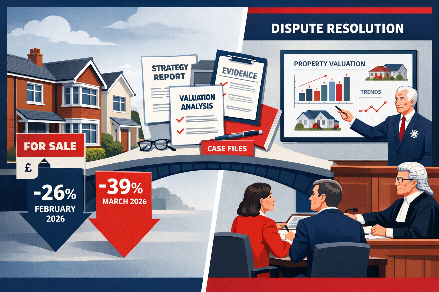 Split-panel infographic-style editorial image: left panel shows a UK residential property street scene with price tags and