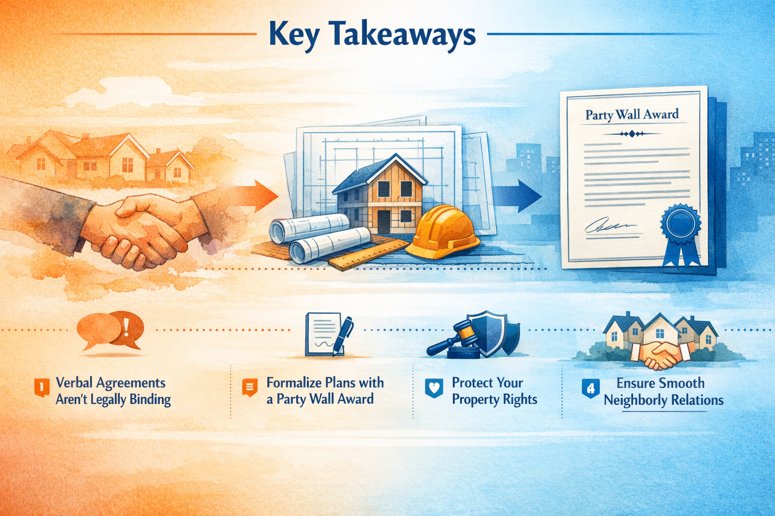 Key Takeaways section infographic in (), featuring a visual roadmap transforming a handshake between neighbors into a legal
