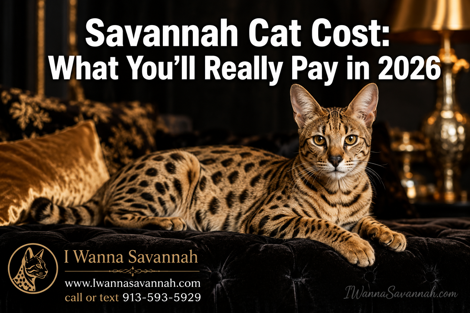 Professional () hero image with 'Savannah Cat Cost: What You'll Really Pay in 2026' in extra large white with dark drop ,
