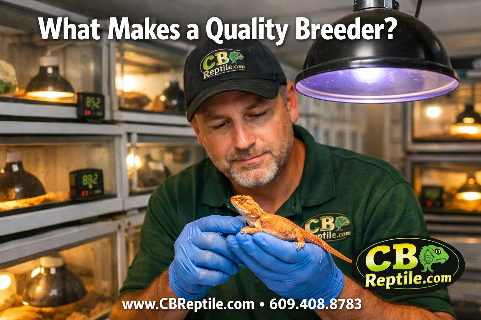 () editorial image showing a professional reptile breeder in a clean, well-lit breeding facility examining a healthy baby