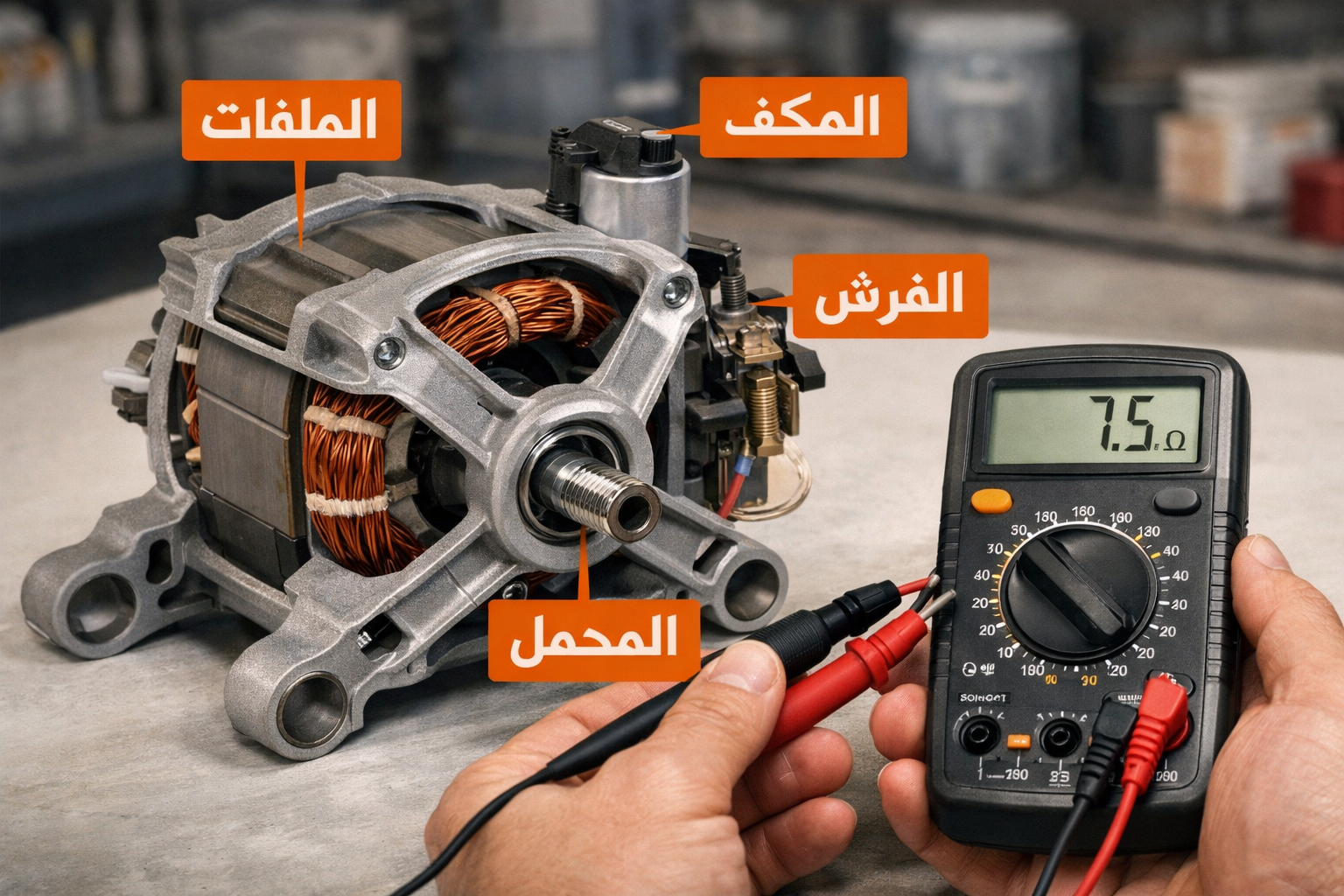 () detailed technical illustration showing a disassembled automatic washing machine motor (front load style) with Arabic
