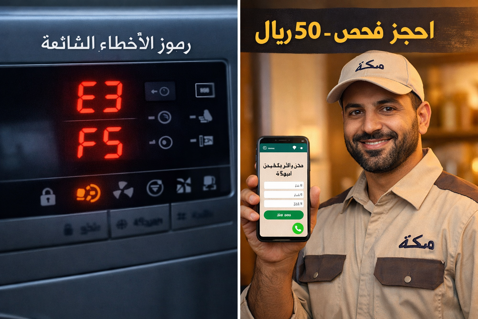 () split-screen comparison image: left side shows a washing machine error code display panel (E3, F5 codes visible) with